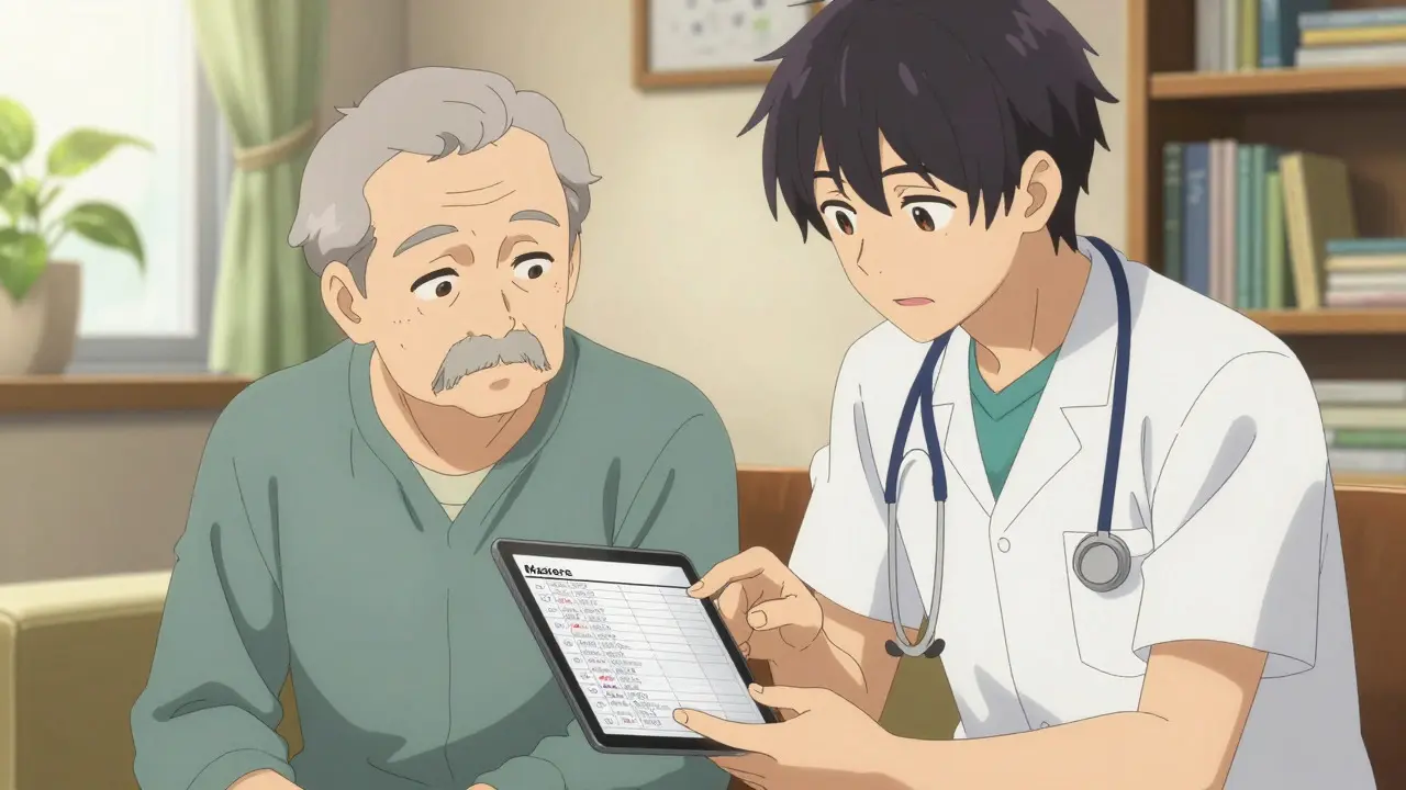 Caregiver helping elderly man review medication list on tablet in cozy room
