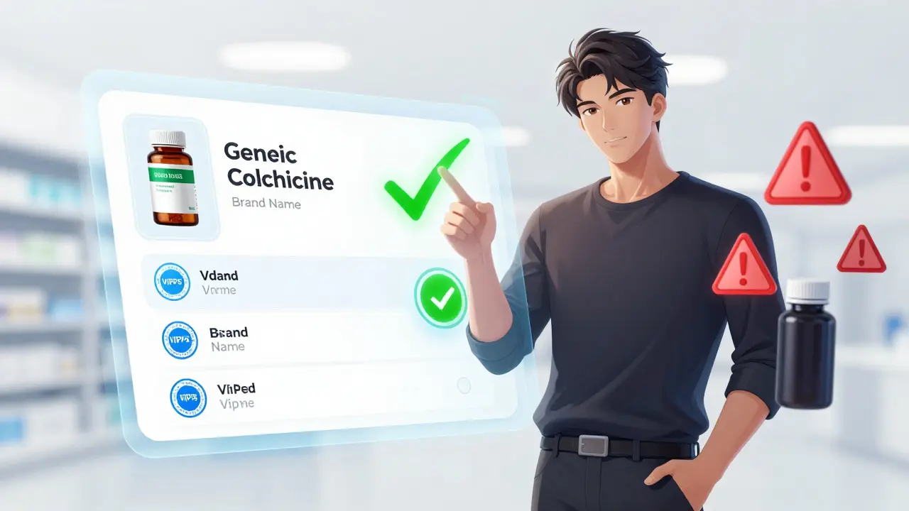 Character selecting safe generic colchicine from holographic menu