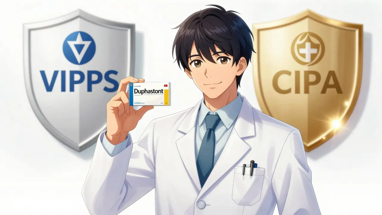 Charismatic pharmacist holding Duphaston box with accreditation shields behind