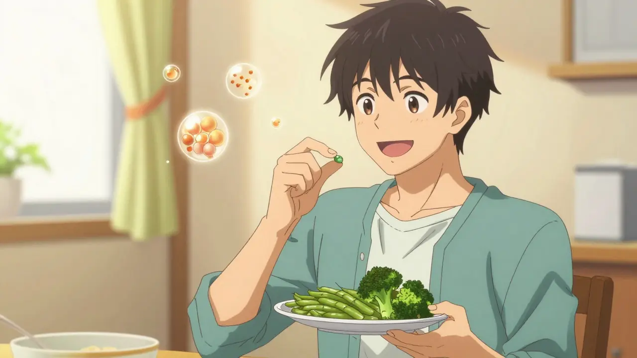 Cheerful anime man taking enzyme pill before eating beans and vegetables