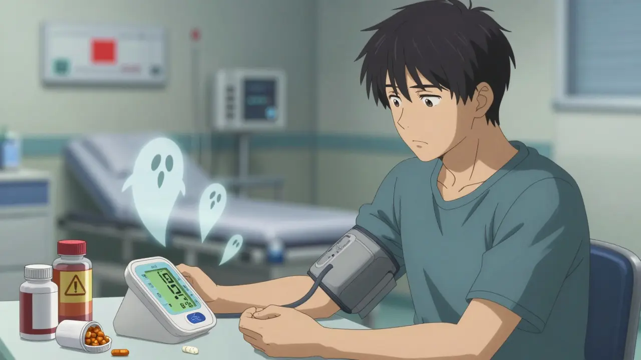 Concerned man checking high blood pressure reading near supplement bottles