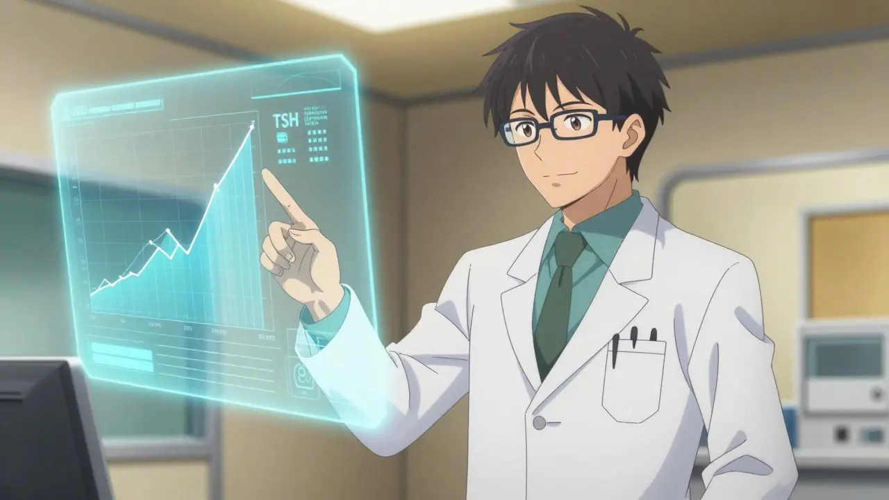 Confident anime doctor explaining stable thyroid data