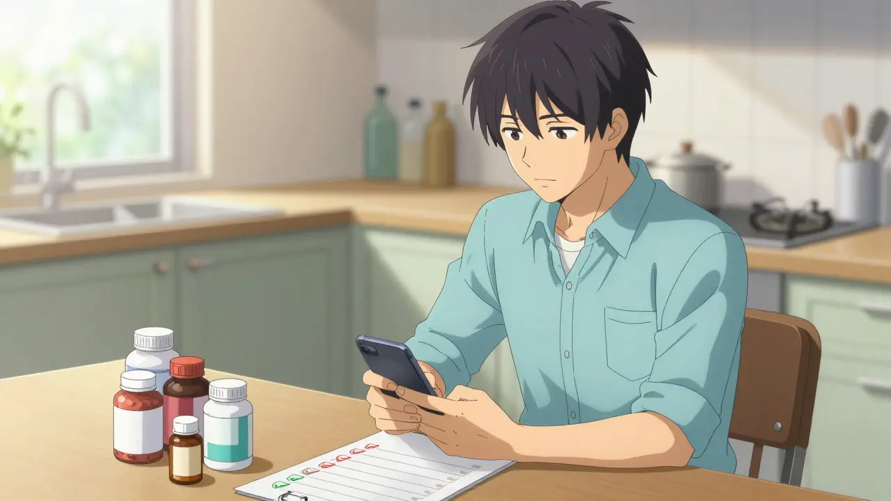 Confident man safely checking drug interactions on phone with supplements laid out.