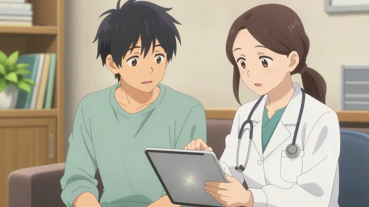 Doctor and patient discussing medication options in an office