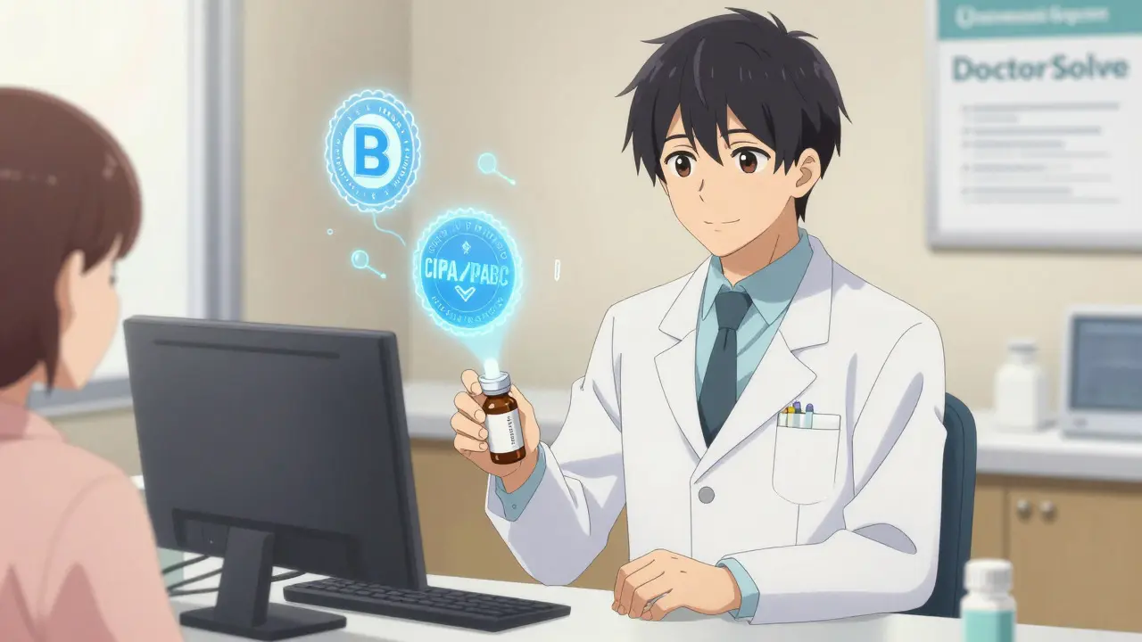 Kind anime pharmacist handing medicine with glowing safety seals