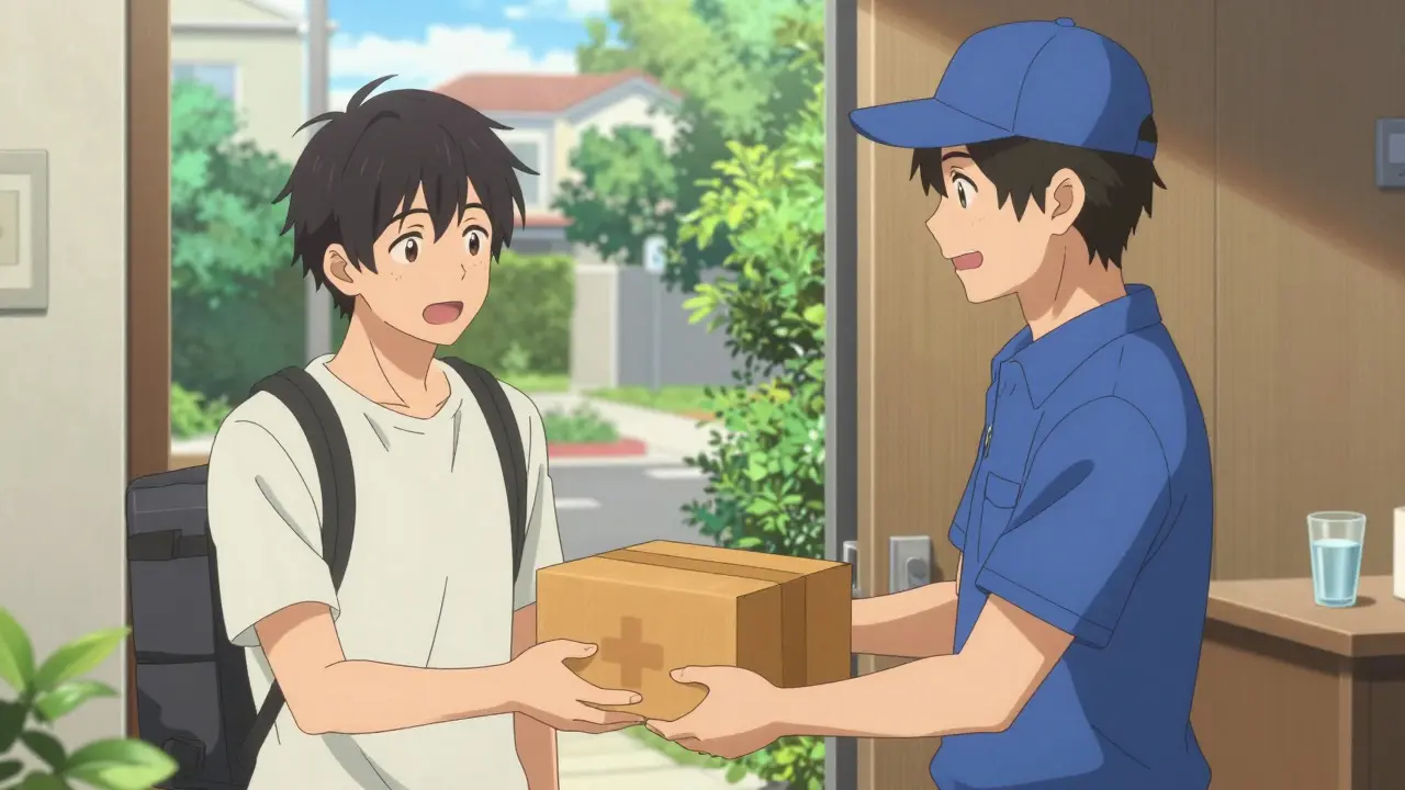 Man receiving prescription delivery package at his front door