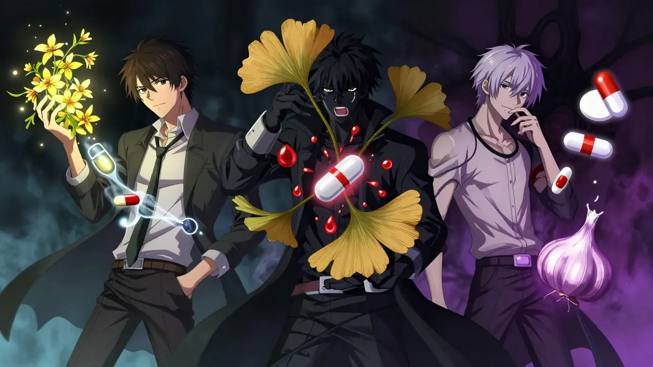Personified herb spirits causing dangerous interactions with medications in anime style.