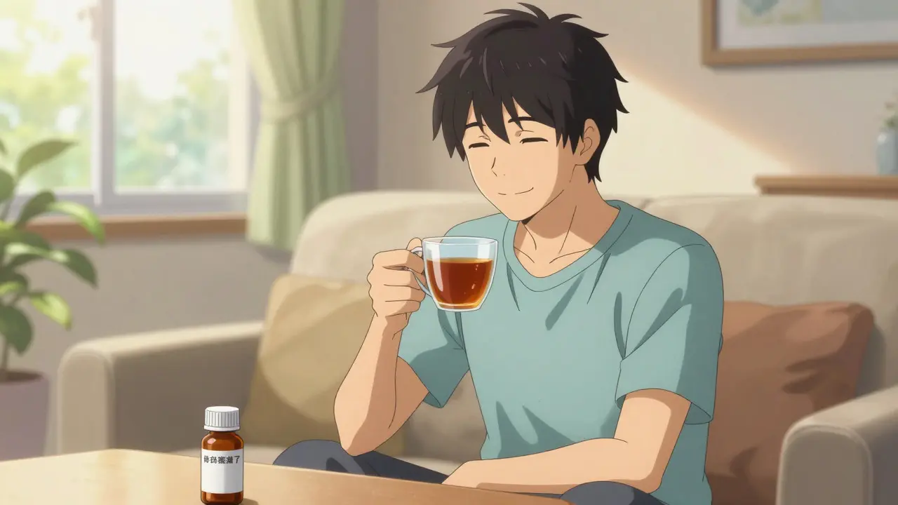 Relaxed anime man enjoying tea with medication nearby
