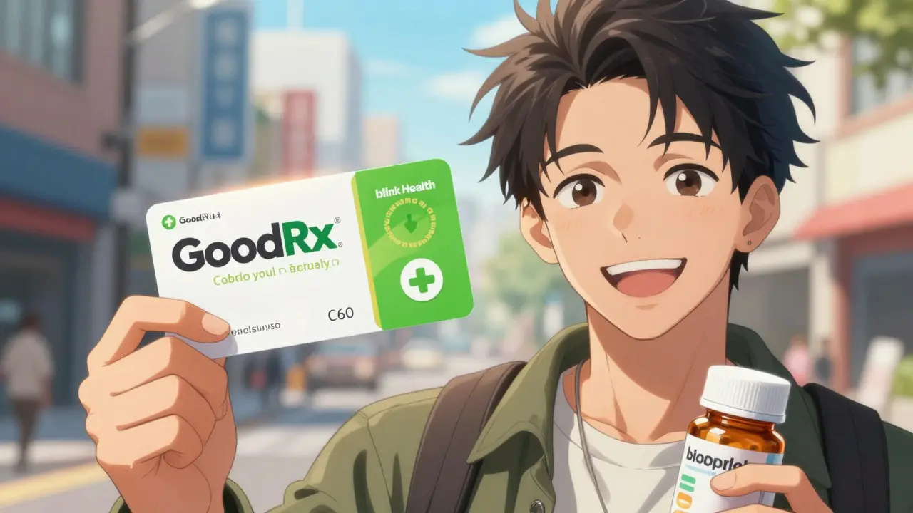 Stylish anime man smiling with discount coupon and pill bottle