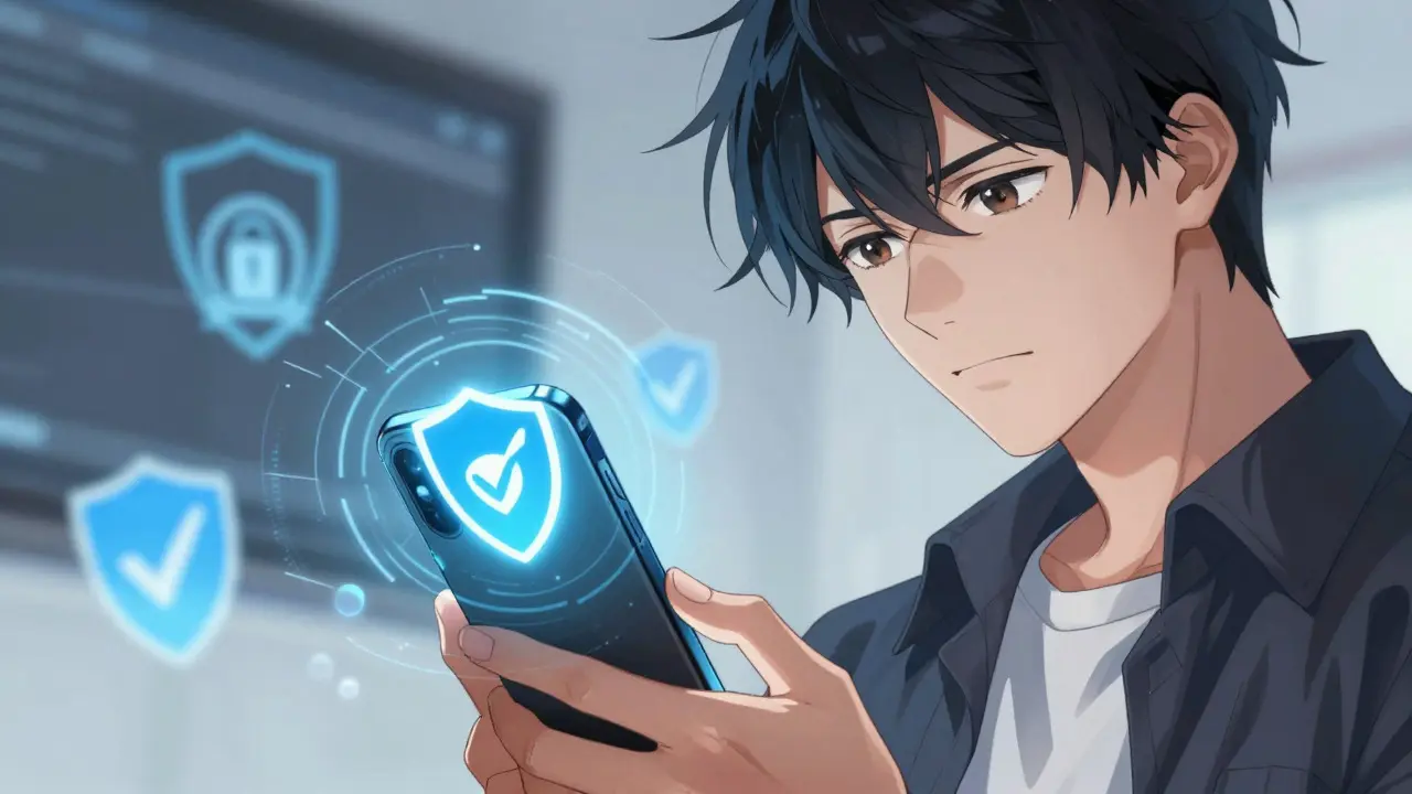 Stylish anime man verifying safe online pharmacy with smartphone