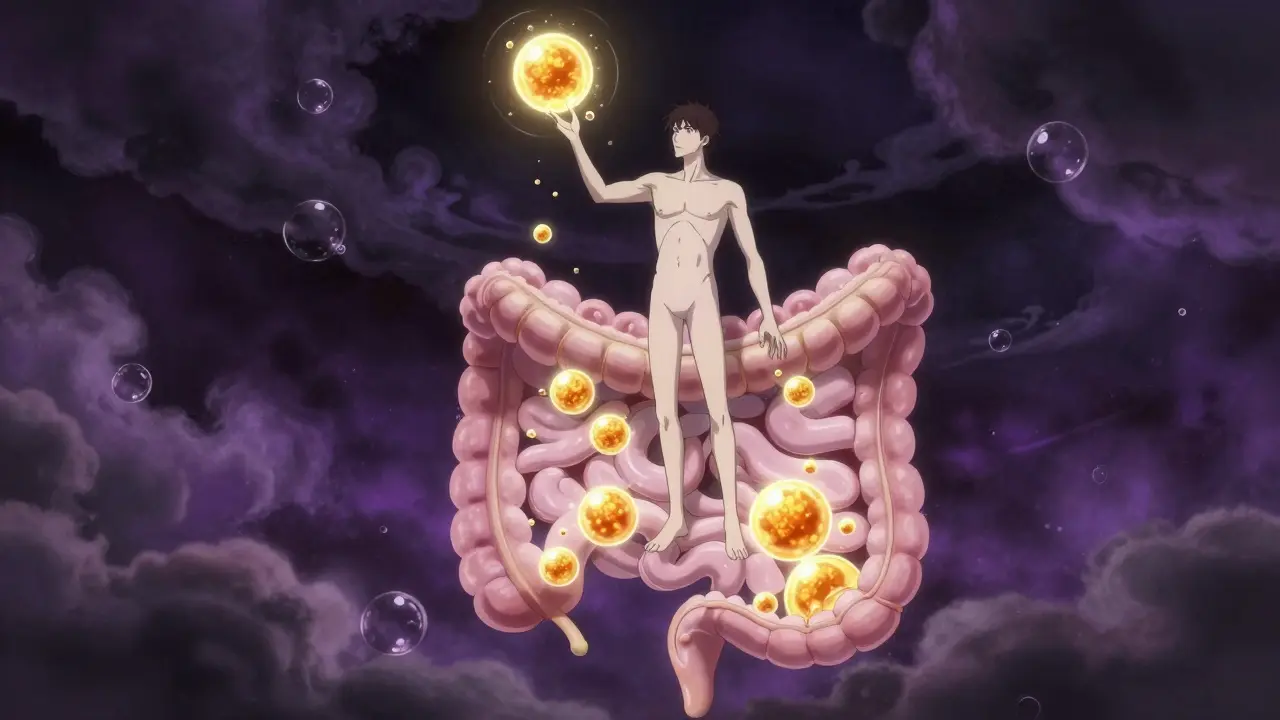 Stylized anime depiction of simethicone merging gas bubbles in digestive tract