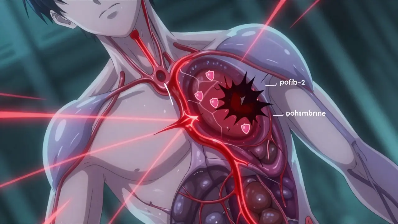 Stylized anime view of norepinephrine surging through constricting blood vessels