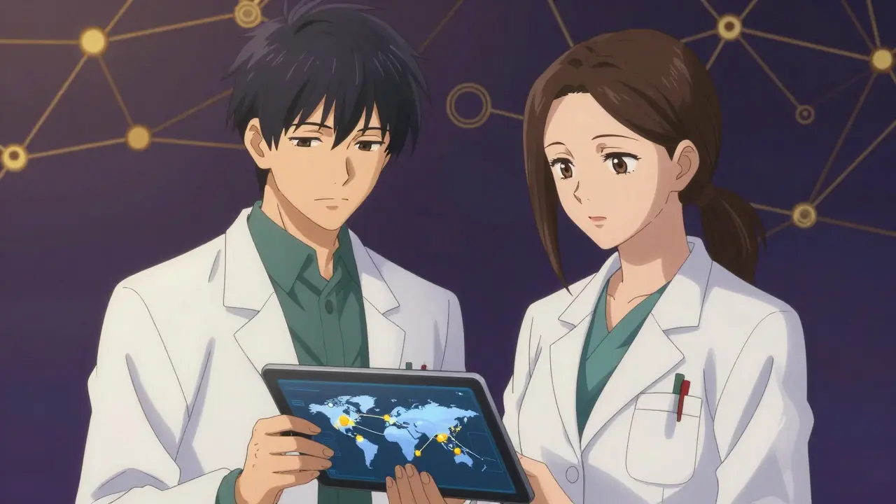Two anime pharmacists collaborating on a global anti-counterfeit network