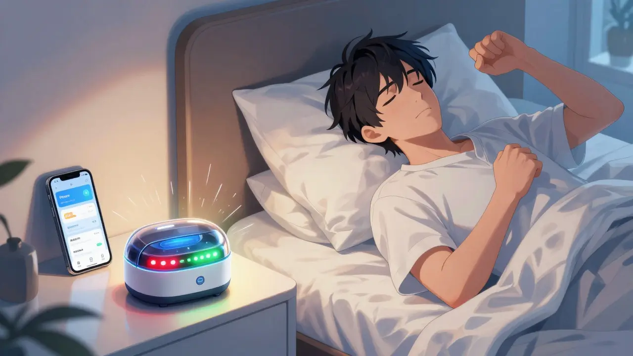 Young man checking smart pillbox and health app data in modern bedroom