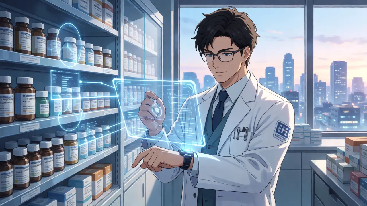A futuristic pharmacist using holographic tech to verify generic drug sources.