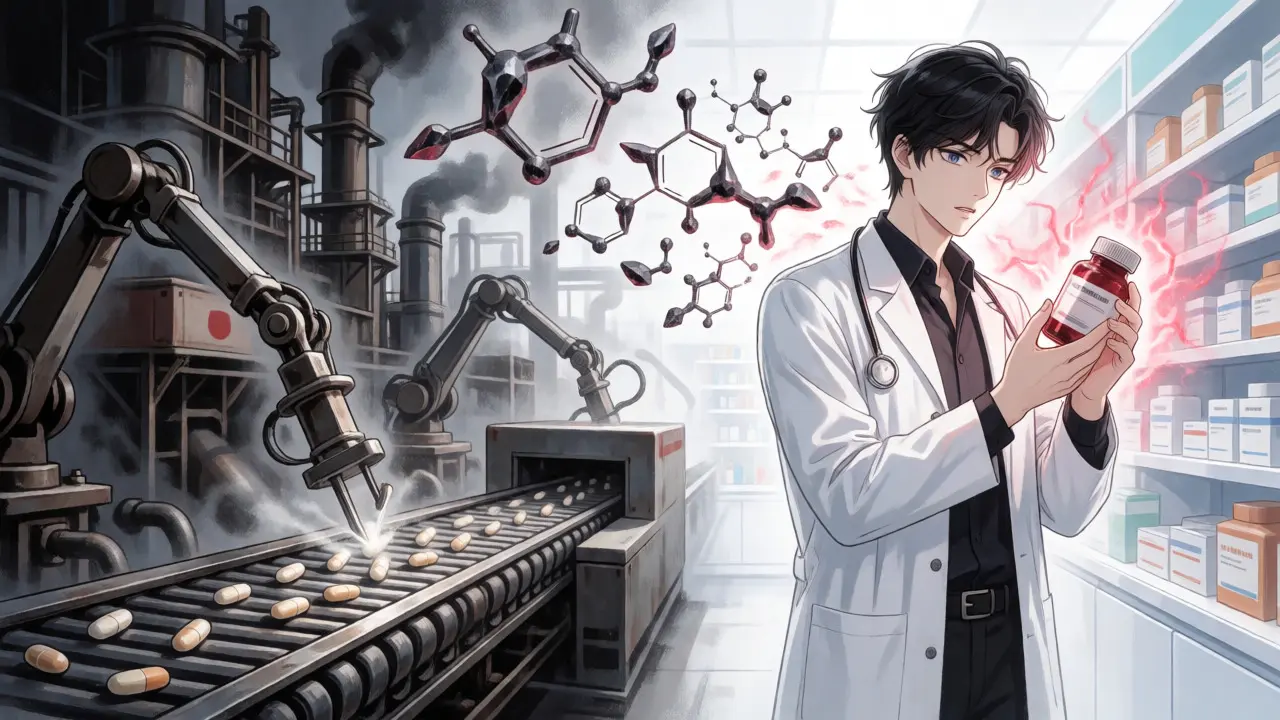An anime-style split view showing drug manufacturing and a patient noticing contamination.