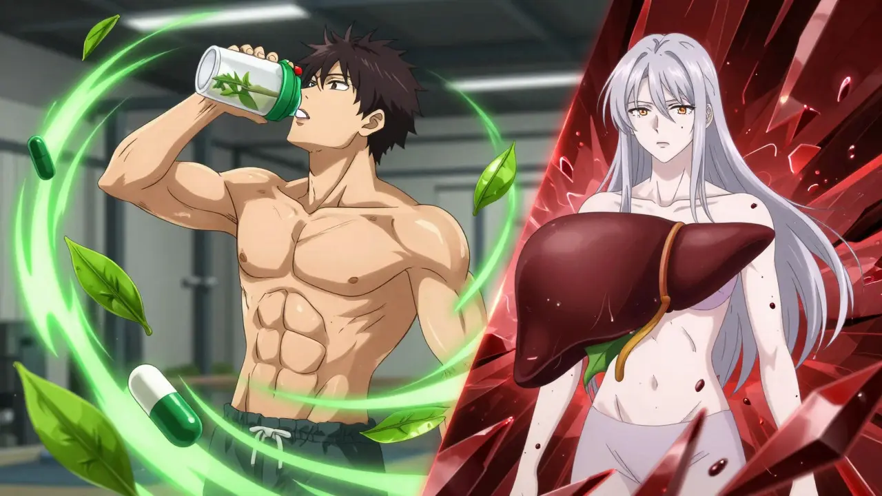 Anime athlete taking supplements while a personified liver shows distress.