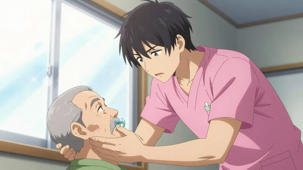 Anime caregiver urgently checking senior patient's airway