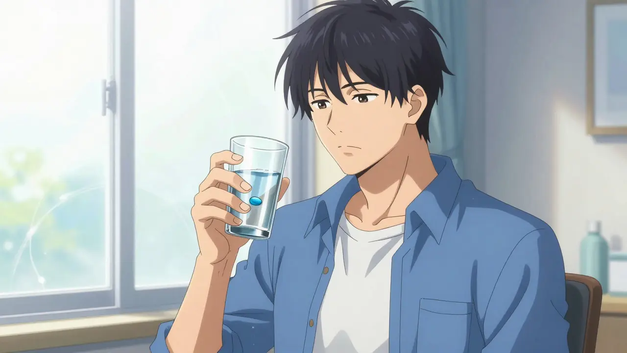 Anime character taking a morning diuretic pill by a window