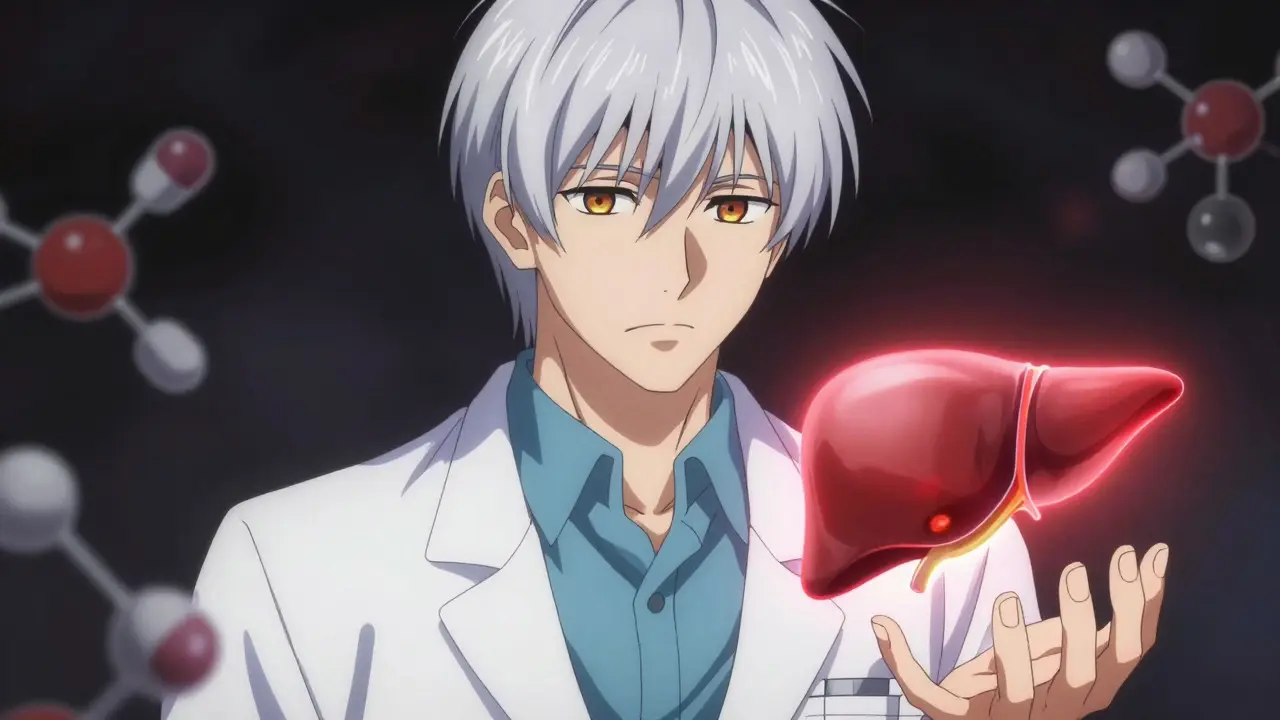 Anime doctor examining a glowing red holographic liver model.