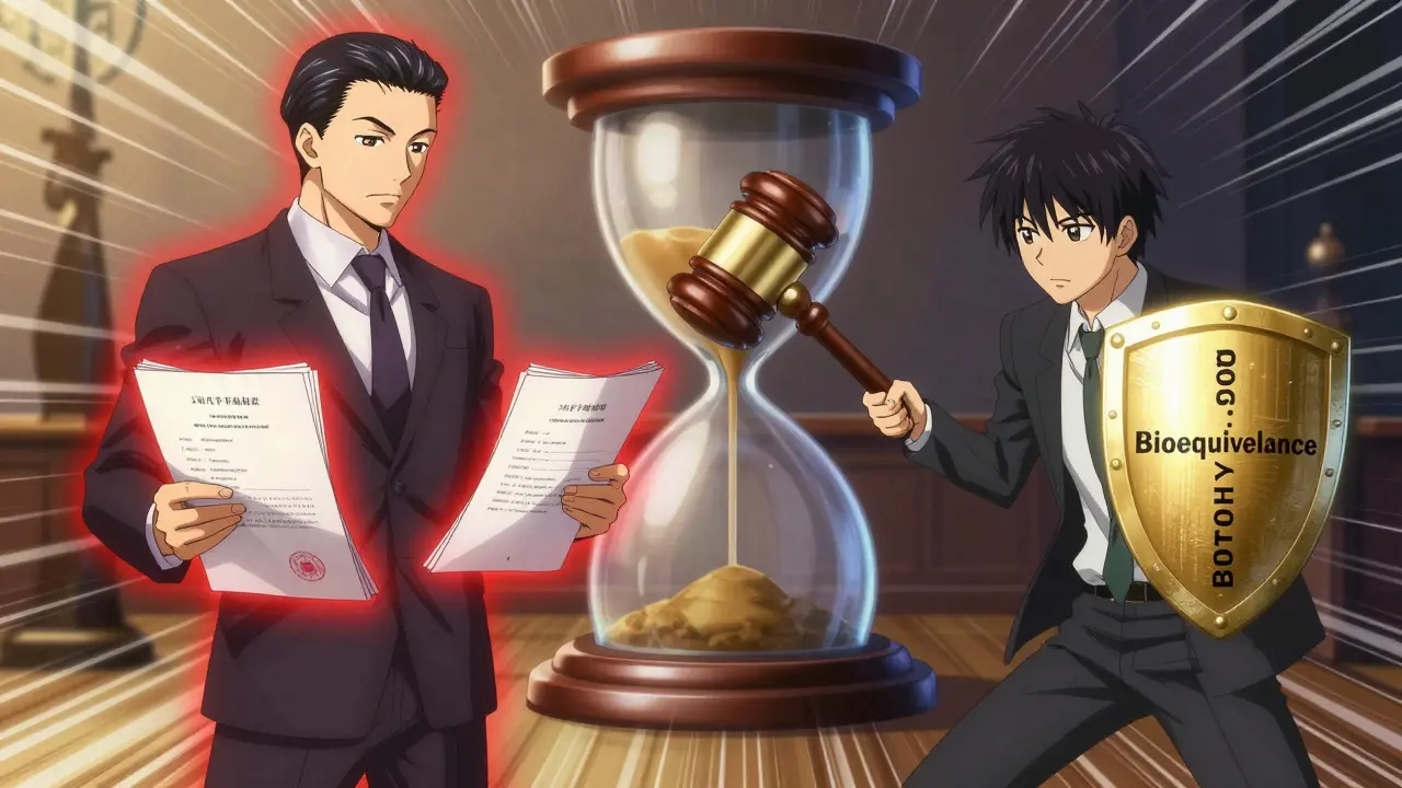 Anime lawyers facing off over patent documents with a dramatic hourglass