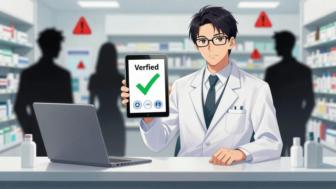 Anime pharmacist showing verified seal against shadowy fakes