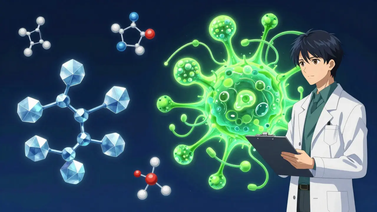 Anime scientist observing complex biological molecule structures