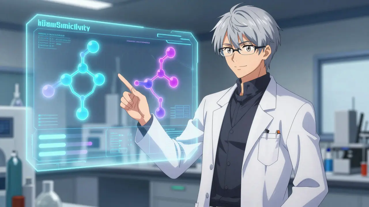 Anime scientist presenting molecular similarity data in a high-tech laboratory setting