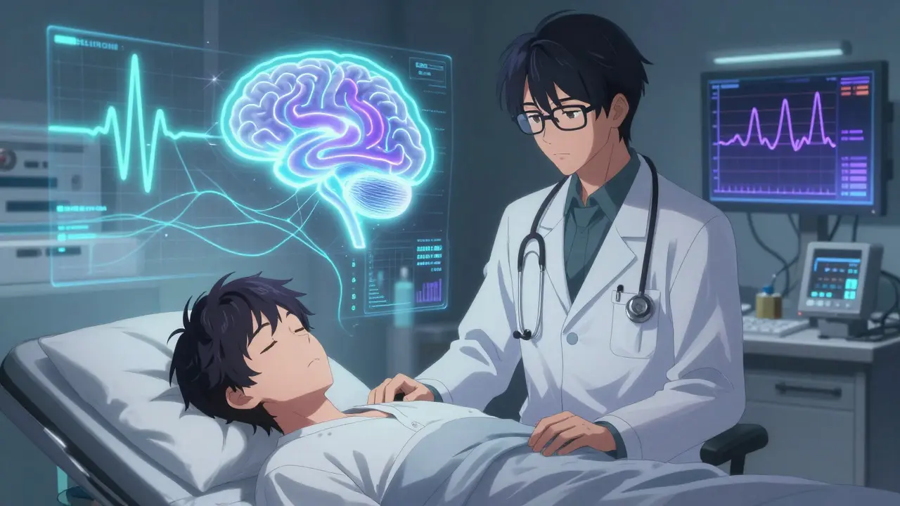 Anime style doctor analyzing glowing brain wave visuals near a sleeping patient