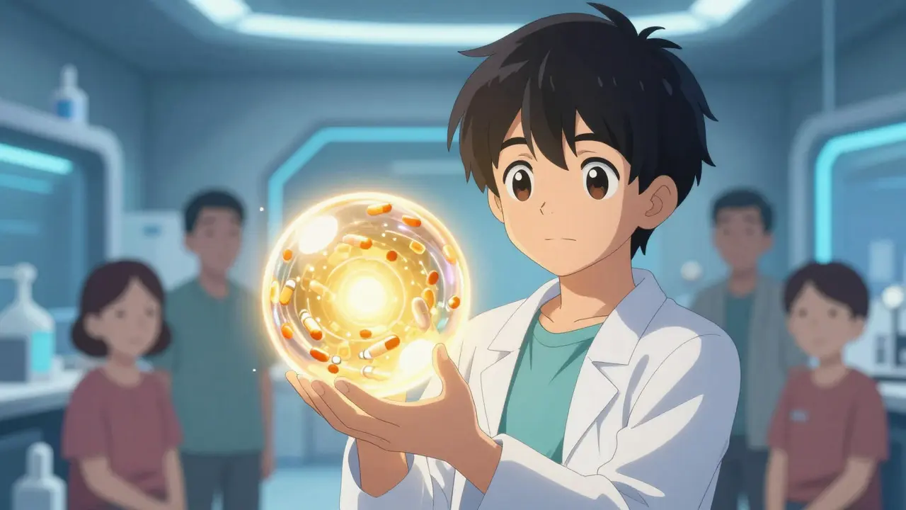 Bishounen anime character holding a glowing medicine orb in a futuristic lab