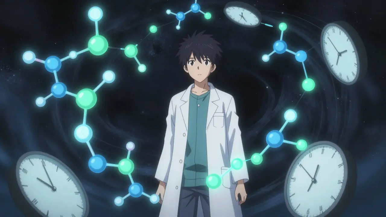 Bishounen scientist surrounded by molecular structures and symbolic clocks