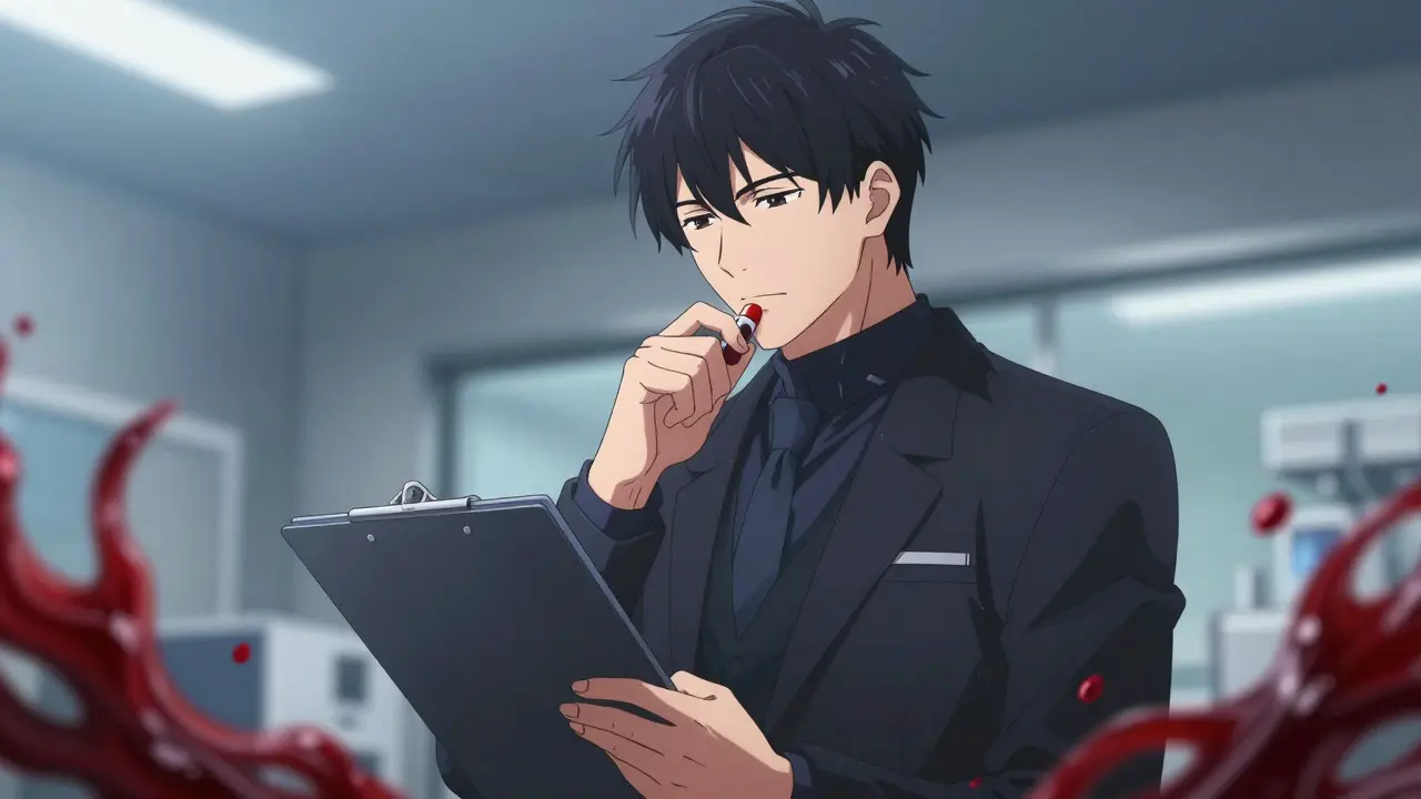 Bishounen-style man reviewing anticoagulant options in a clinic