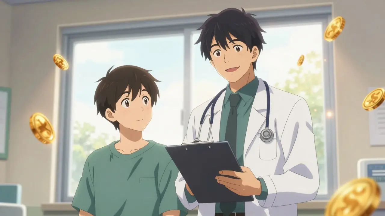Confident doctor and relieved patient in a sunny clinic, symbolizing affordable care access