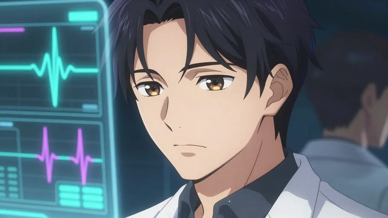 Handsome anime doctor analyzing medical data on digital screen