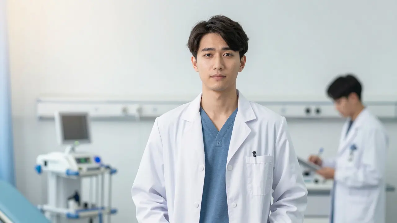 Healthy bishounen anime character in a medical setting after diagnosis