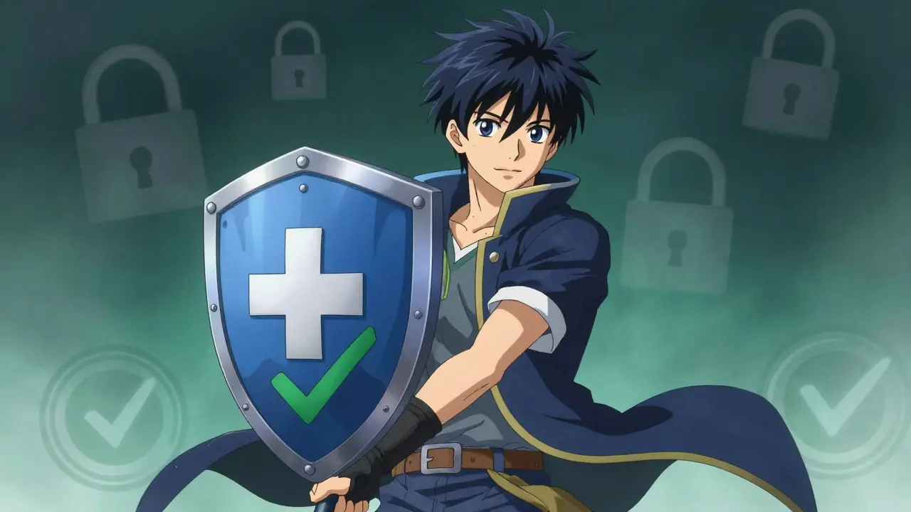 Heroic anime figure holding a shield symbolizing safe online pharmacy