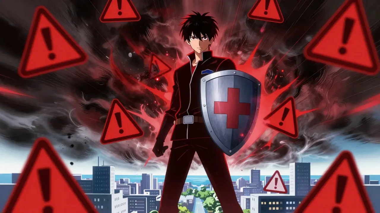 Heroic figure shielding city from medical danger symbols