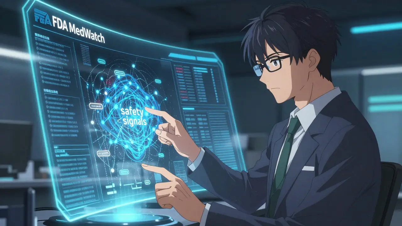 Stylish analyst reviewing holographic FDA safety data dashboard