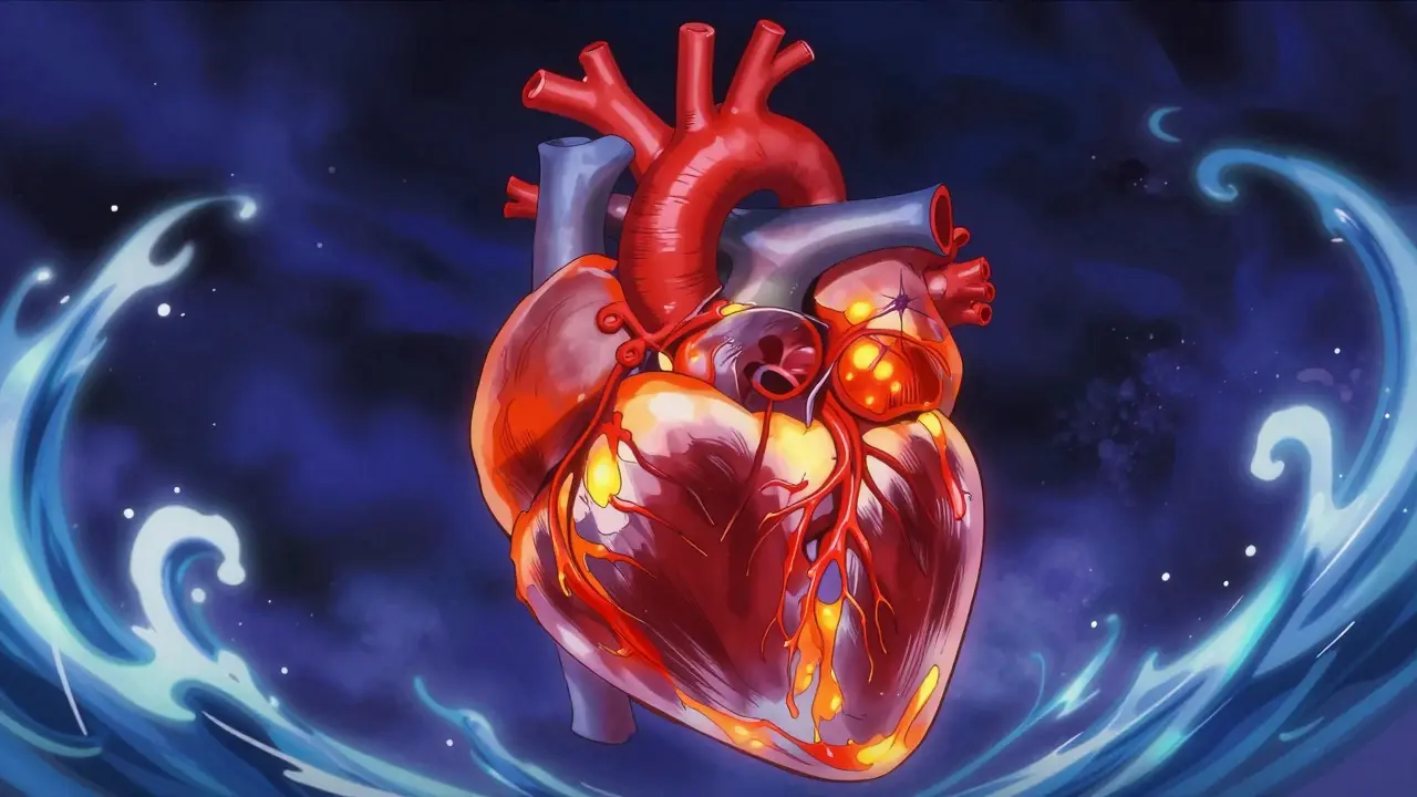 Stylized anime heart under stress from high blood pressure and inflammation