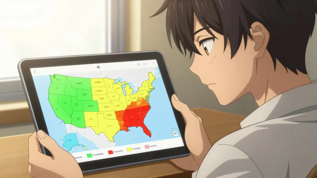 Young man reviewing US map of biosimilar laws on tablet