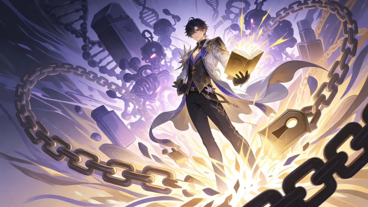A bishounen character breaking patent chains with a glowing orange book