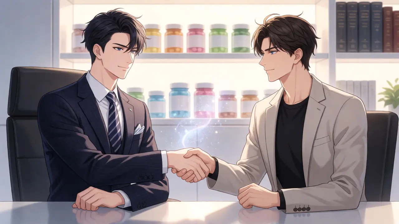 Bishounen style handshake in a pharmacy office symbolizing generic drug laws